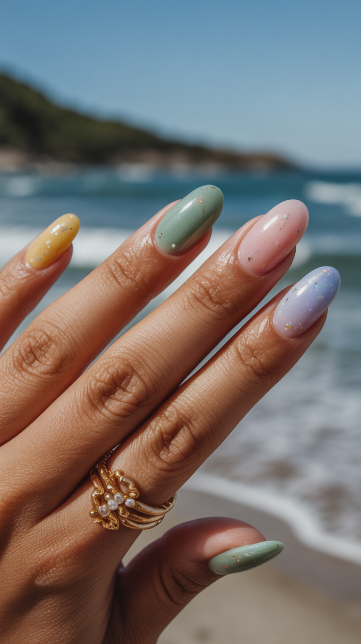 Pastel nails with subtle glitter, suitable for serene vacation vibes