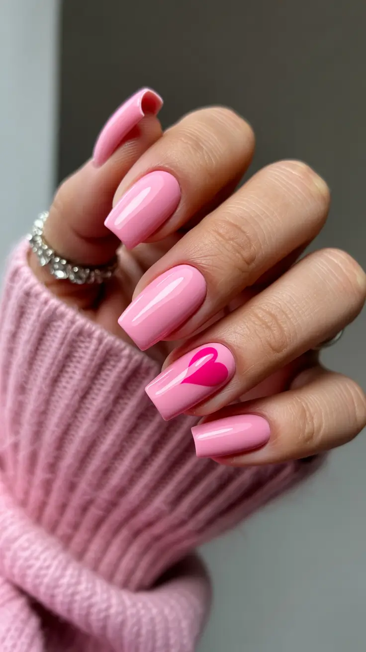 Pink nails with heart accent, perfect for romantic styles
