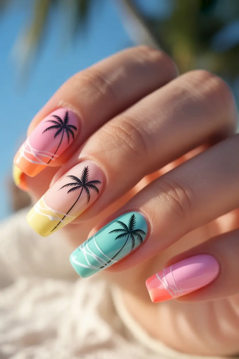 Sunset palm silhouette nails, perfect for tropical vacation styles