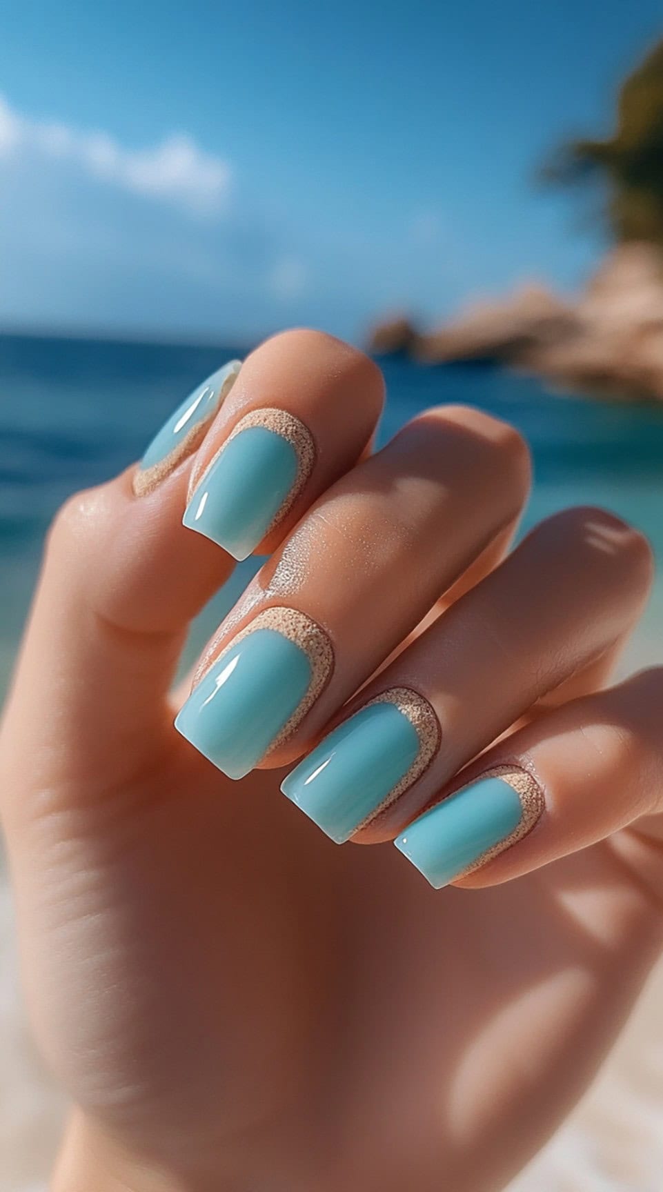 Oceanic blue nails with sand effects, ideal for beach-themed vacation styles
