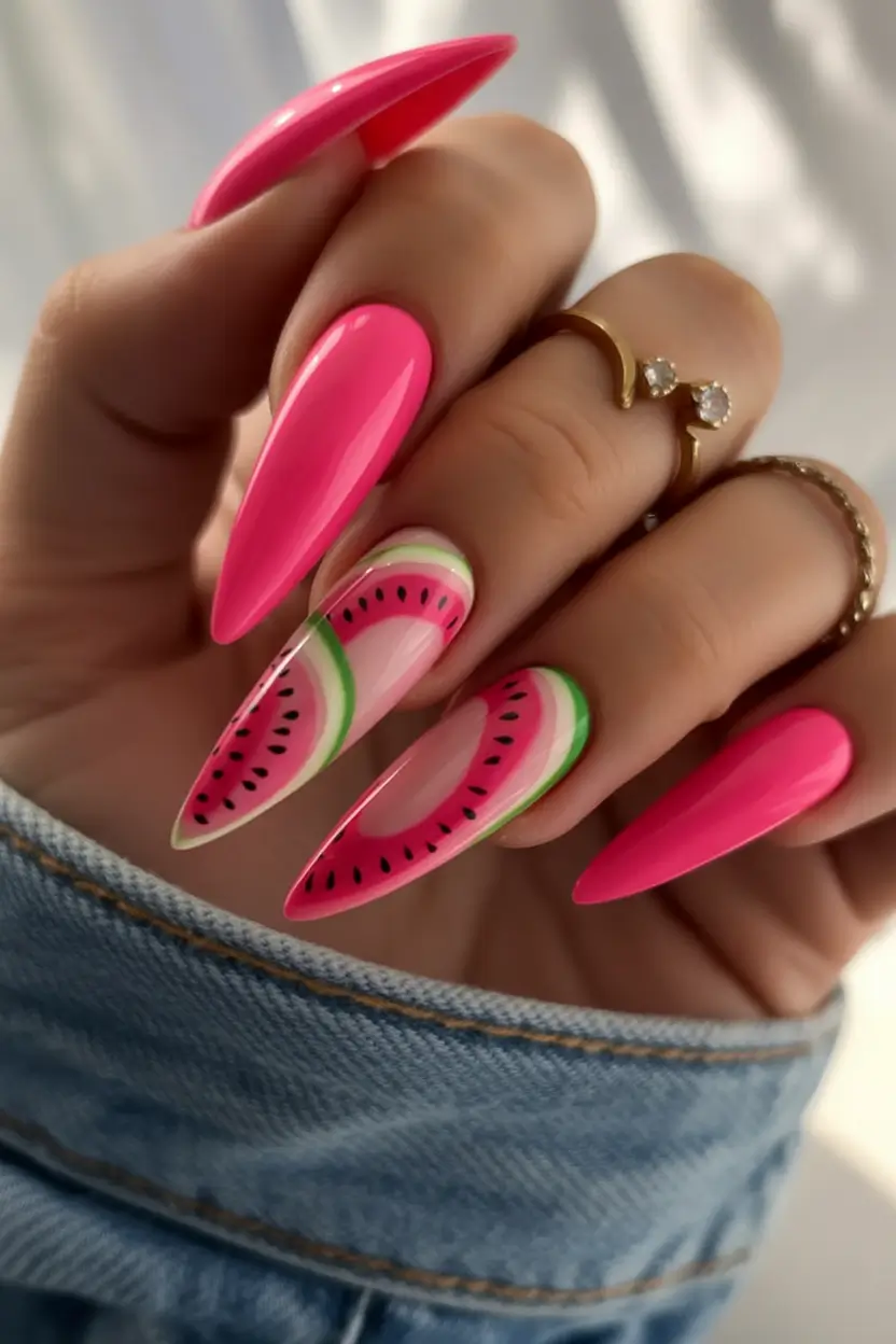 Watermelon-themed nails, perfect for playful vacation styles