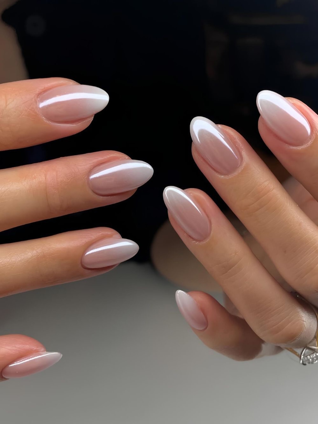 Nude and white ombré almond nails, wedding style