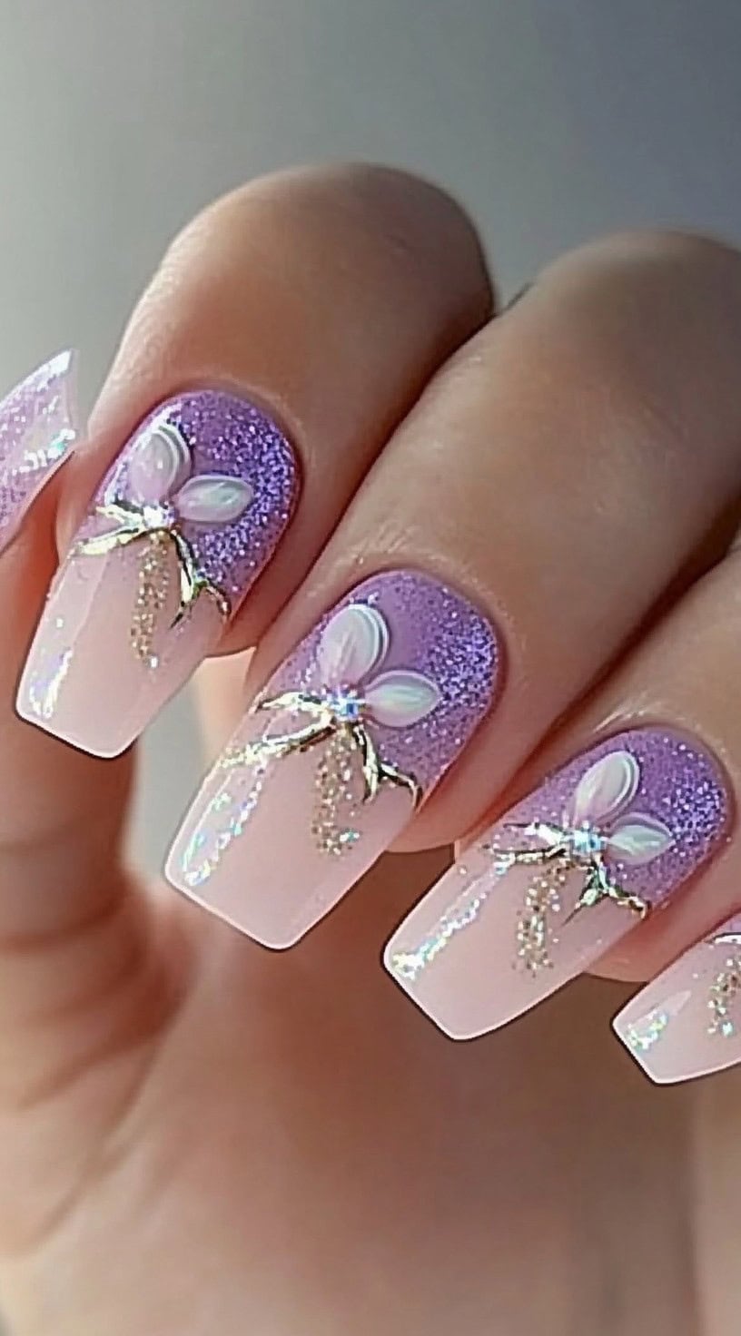 Lilac and glitter square nails with floral accents
