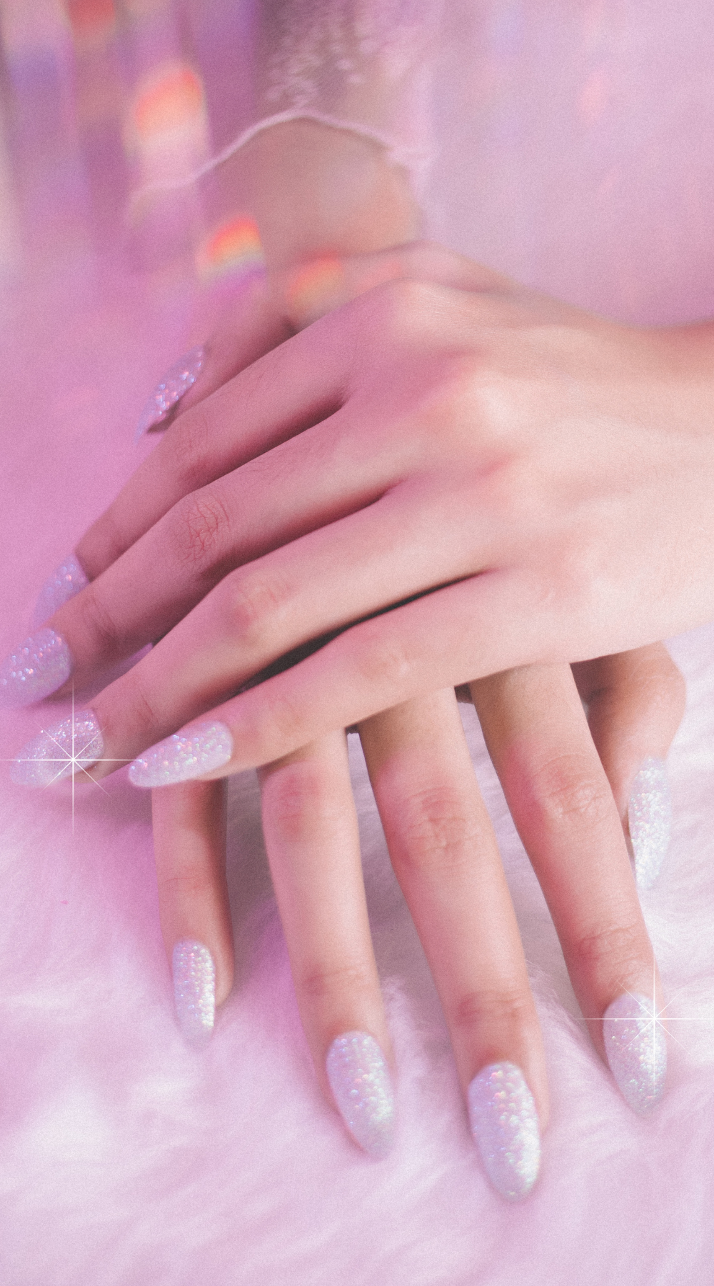 Glitter nails with holographic effect, dreamy bridal style