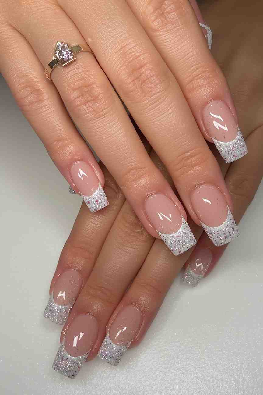 Clear French tips with glitter, modern bridal nails