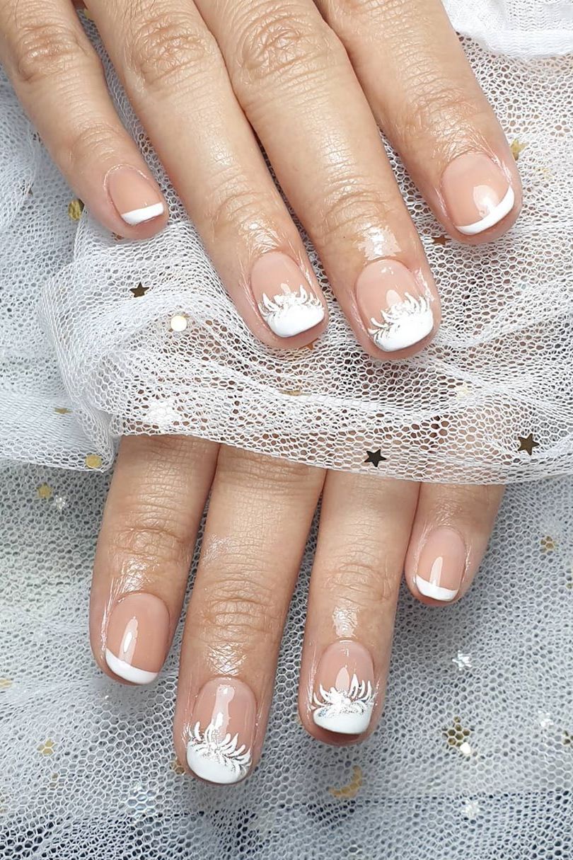 French nails with floral accents, bridal style