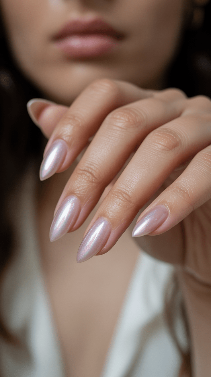 Iridescent almond nails, elegant shimmer