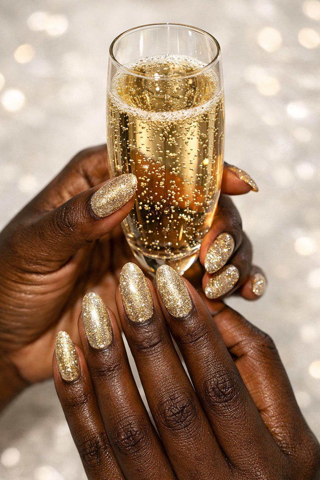 Gold glitter nails, luxurious wedding look