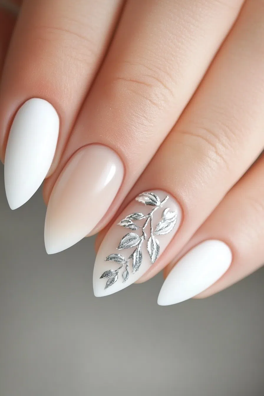 White nails with silver leaf detail, chic wedding style