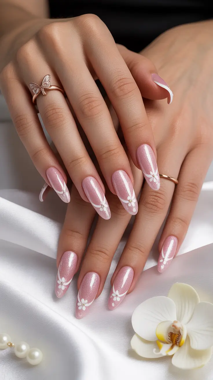 Pink floral nails with shimmer, bridal style