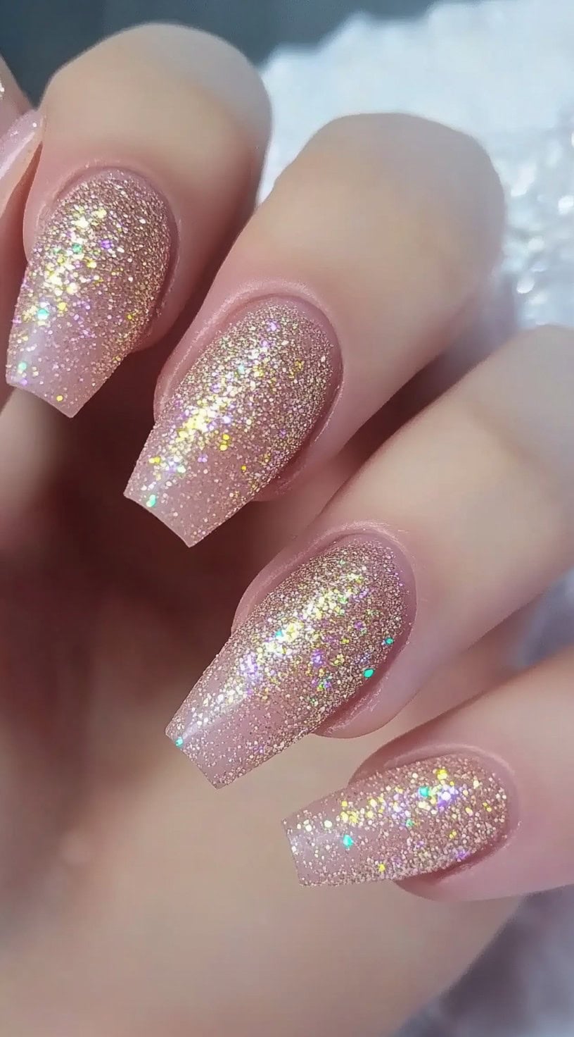 Gold glitter square nails, elegant wedding look