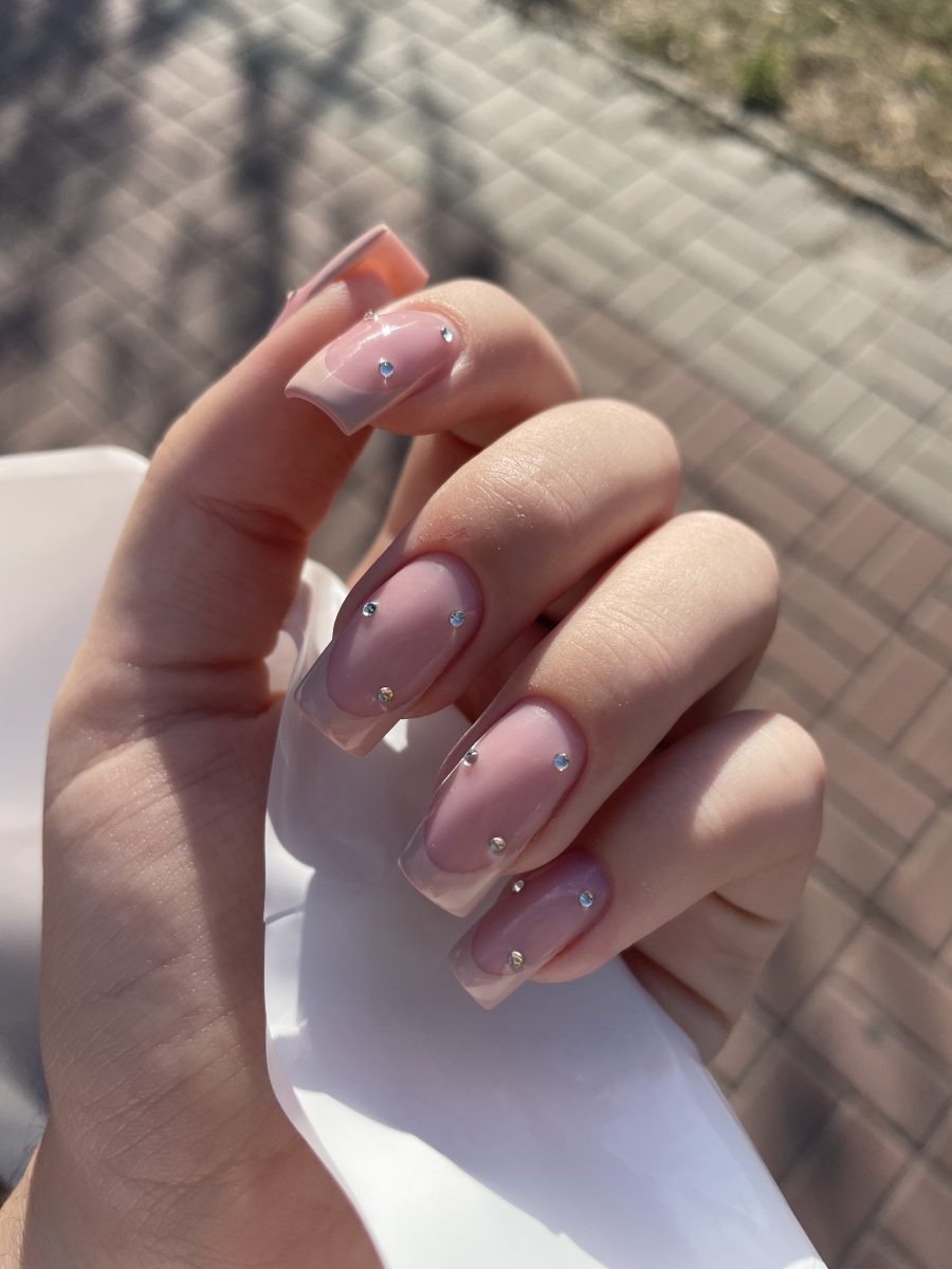 Pink square nails with crystal accents, chic wedding look