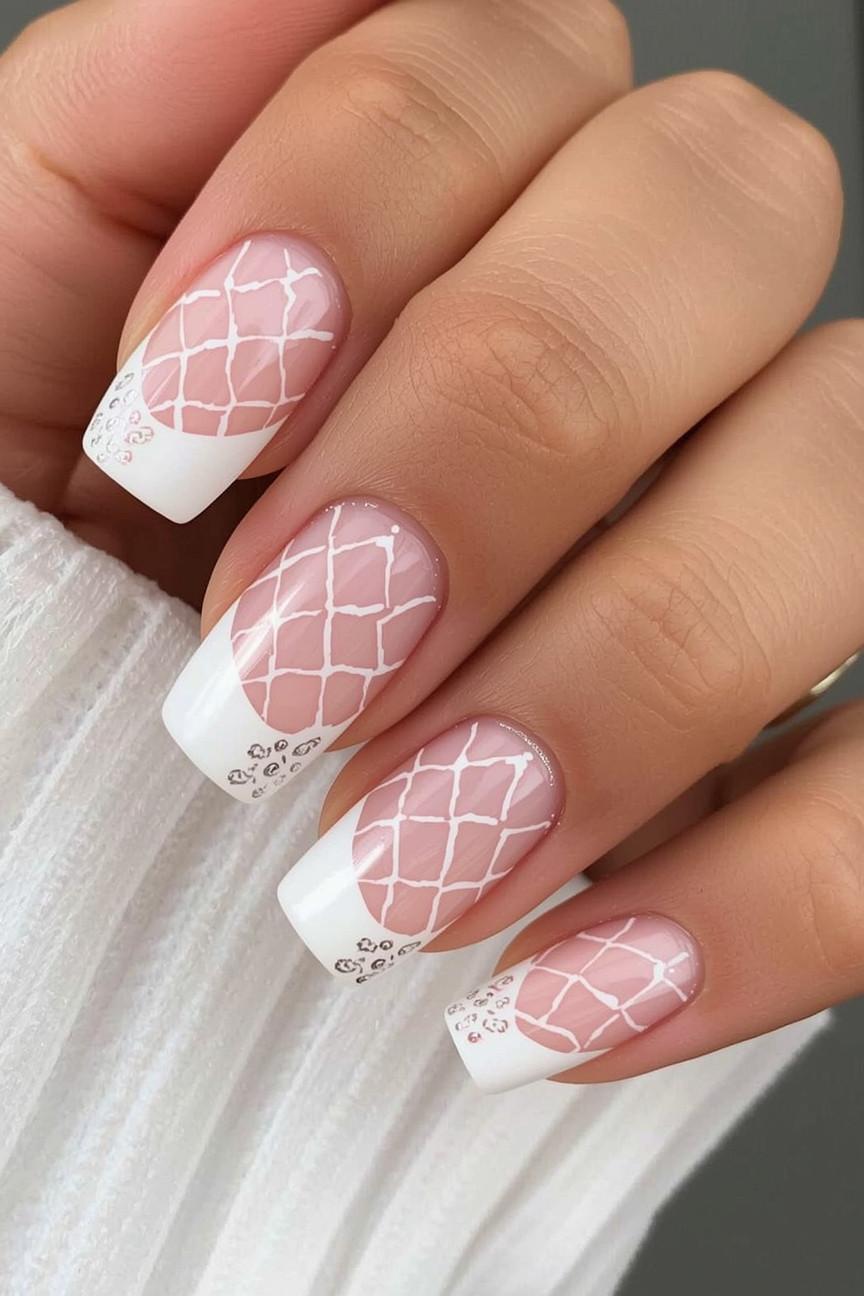 Lace French nails, intricate bridal elegance