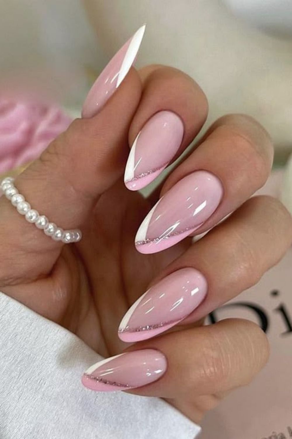 Pink French nails with unique twist, modern bridal look