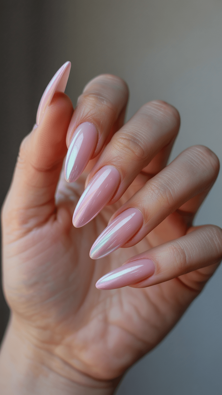 Almond-shaped nails with pink chrome glaze, elegant bridal style.