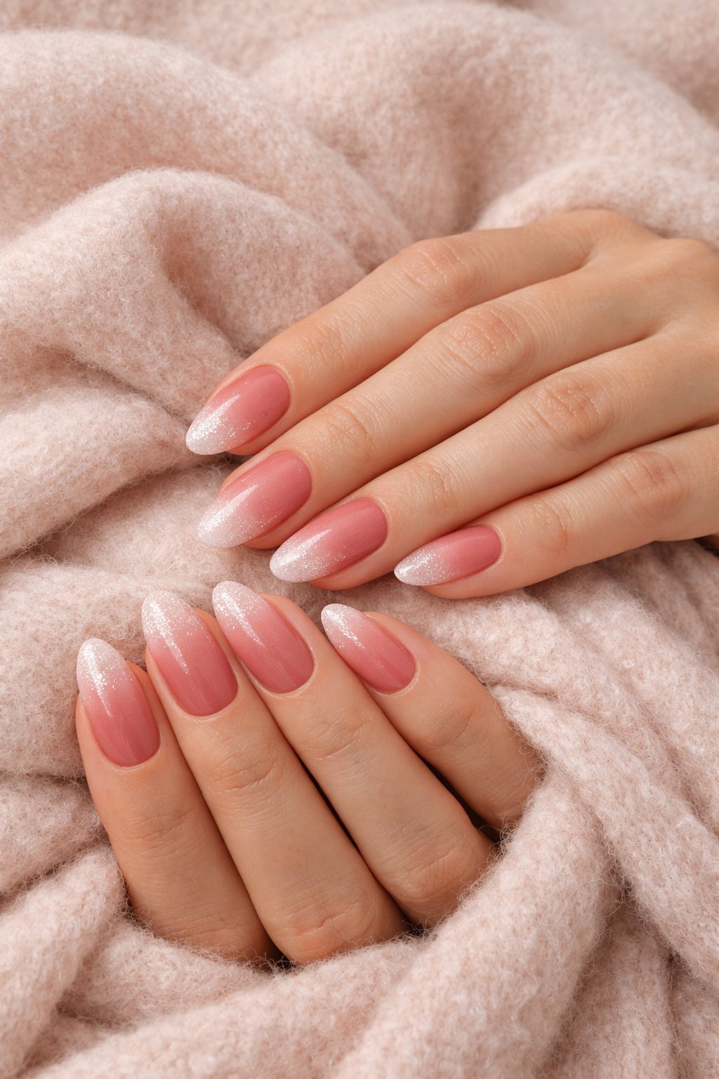 Almond-shaped nails with peach ombre and glitter tips, romantic bridal style.