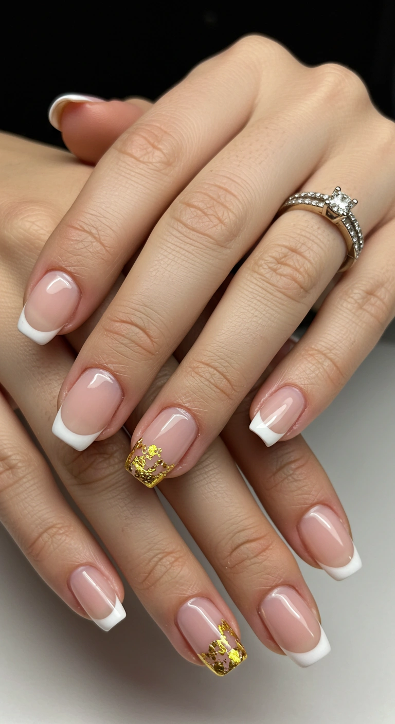 Square nails with French tips and gold embellishments, elegant bridal nails.