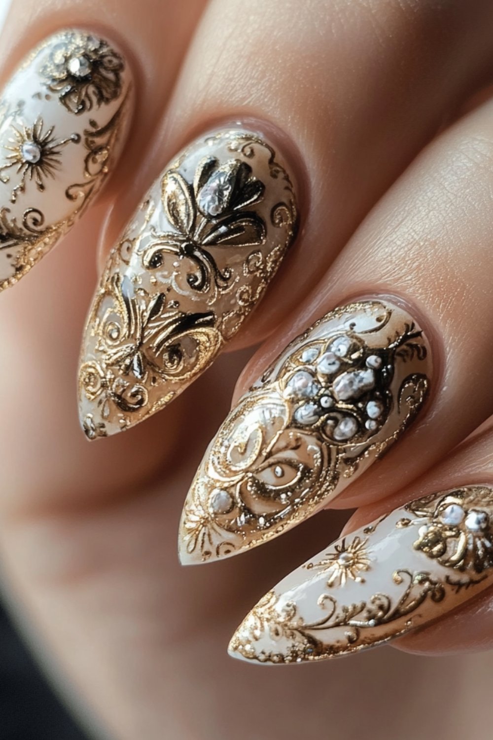Almond-shaped nails with ornate gold baroque designs, luxurious bridal nail art.