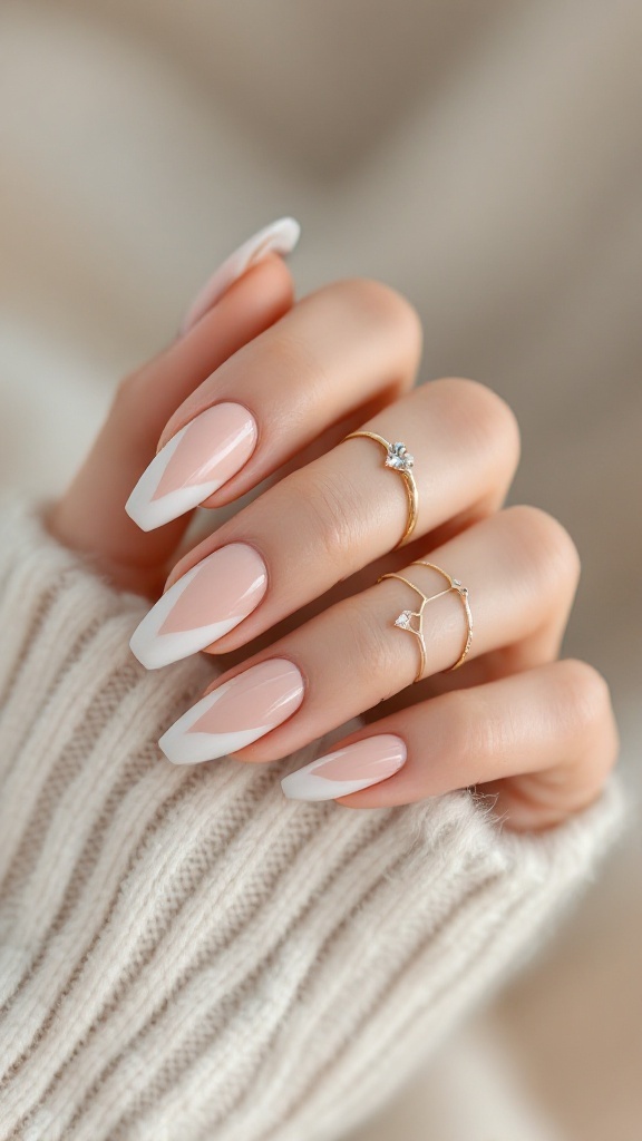 Almond-shaped French manicure, modern elegance.