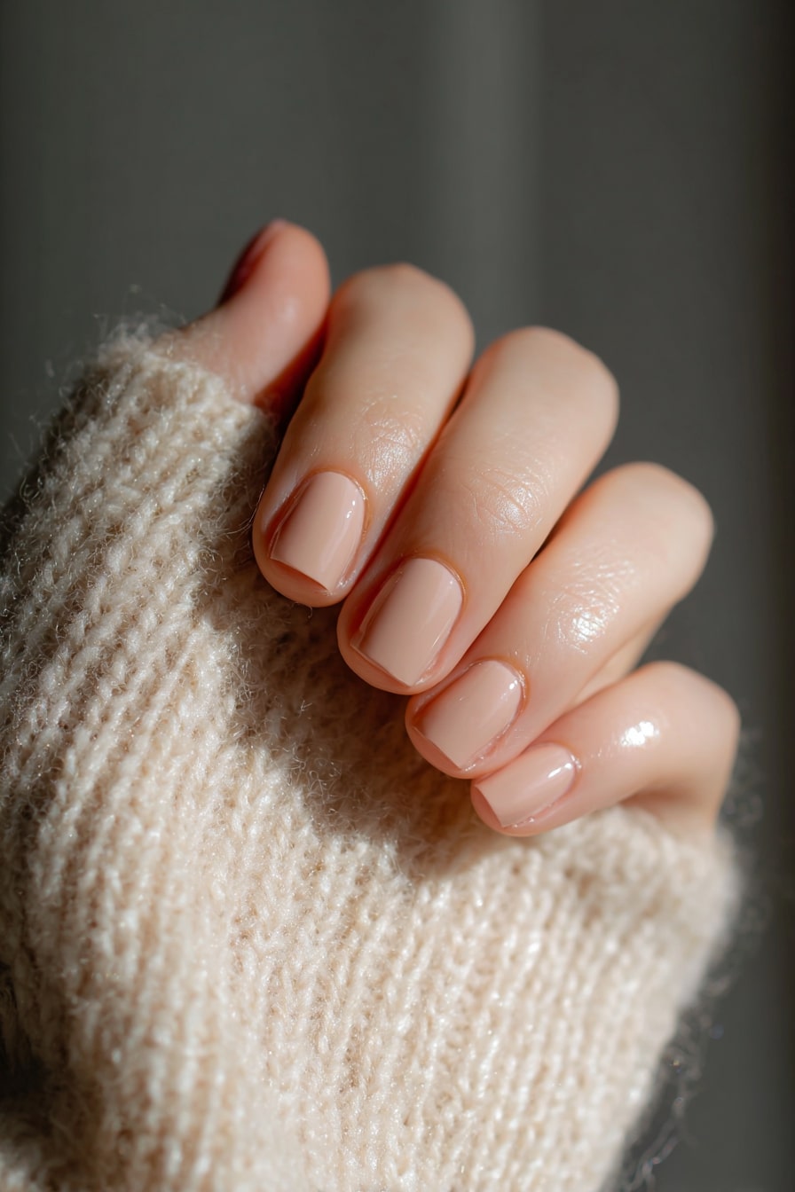 Short nails with nude polish, minimalist bridal style.