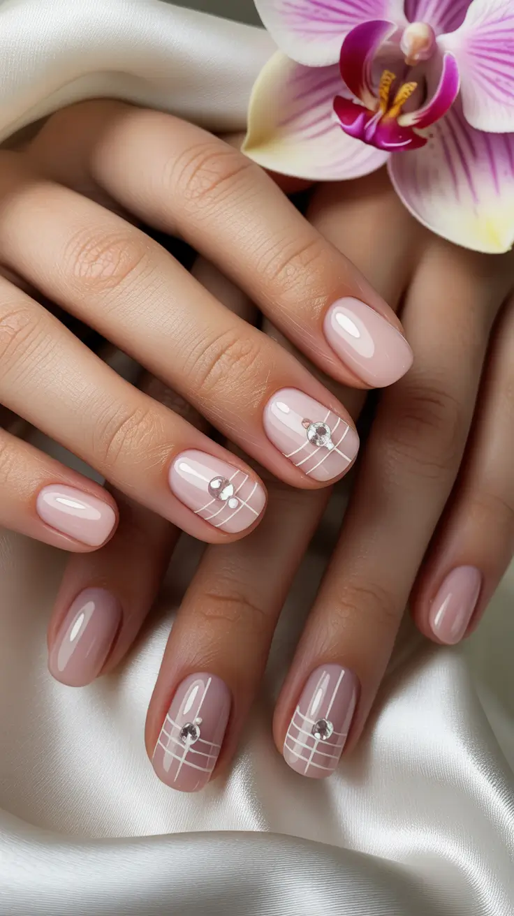 Short nails with orchid accents and rhinestones, luxurious bridal style.