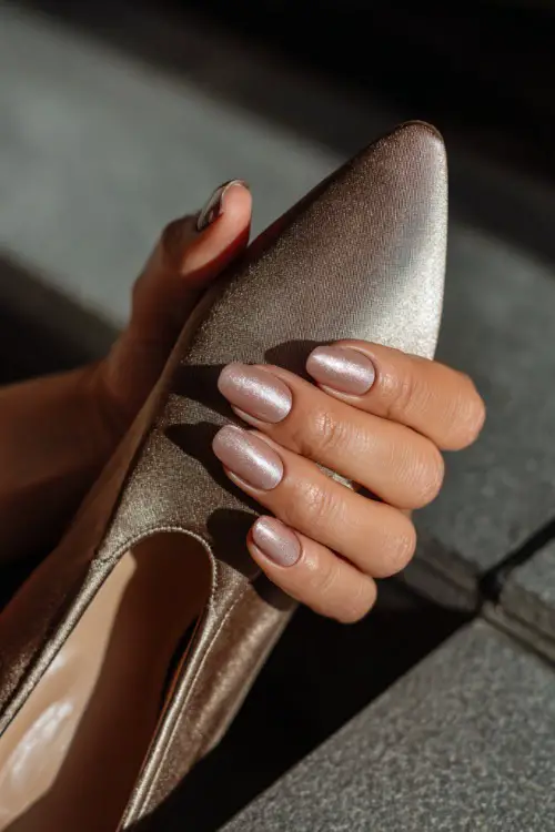 Short nails with metallic rose polish, chic and modern.