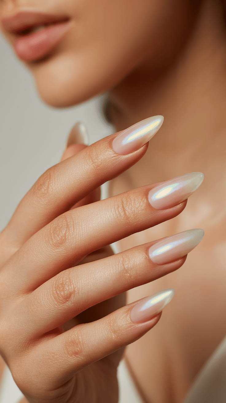 Almond-shaped nails with opalescent finish, ethereal bridal nails.