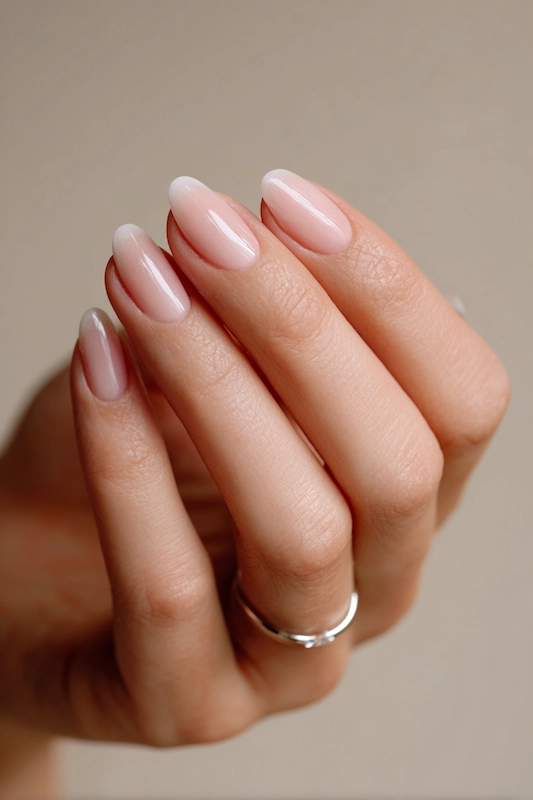Almond-shaped nails with soft pink ombré, subtle bridal elegance.