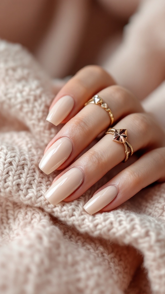 Square nails with nude polish, chic and versatile.