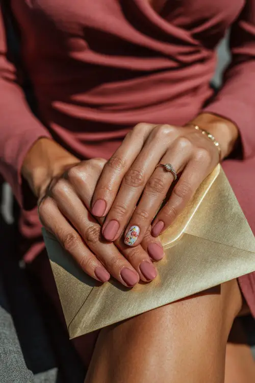 Short nails with vintage floral accent, elegant and soft.