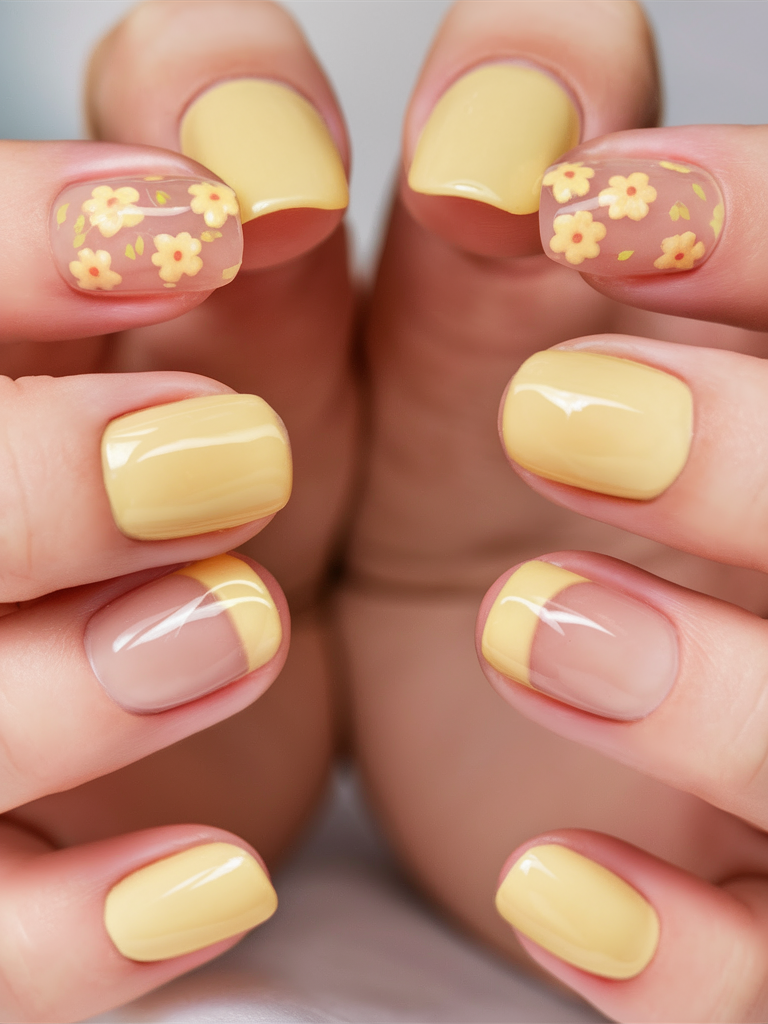 Yellow daisy nail art with French tips, spring manicure.