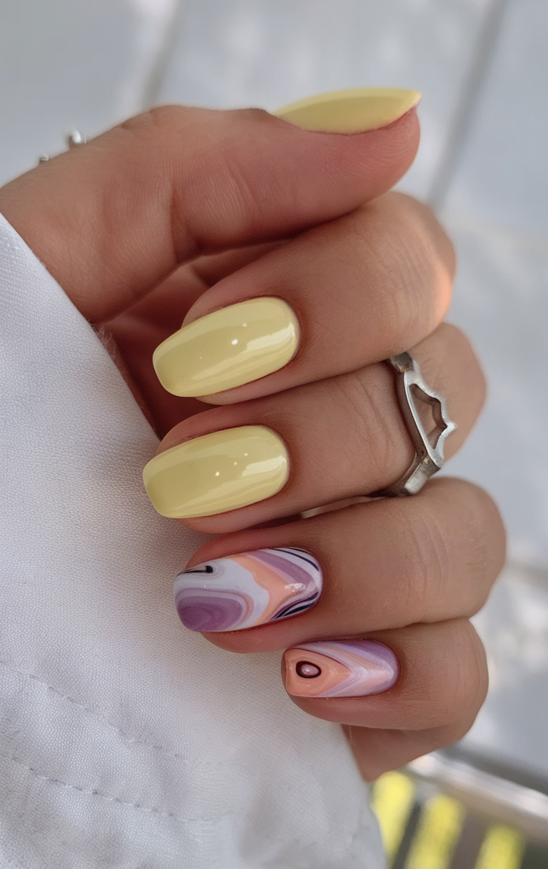 Yellow and purple marbled nails, pastel swirl design.