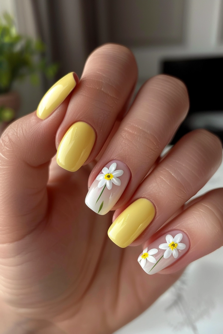 Yellow nails with daisy accent nail art, fresh and cheerful.