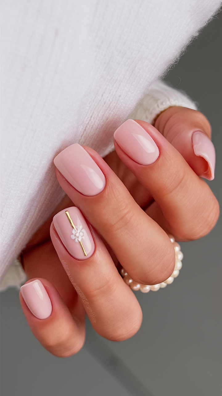 Soft pink nails with line and floral detail.