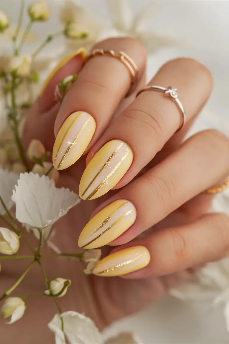 Yellow nails with gold stripes, elegant almond tips.