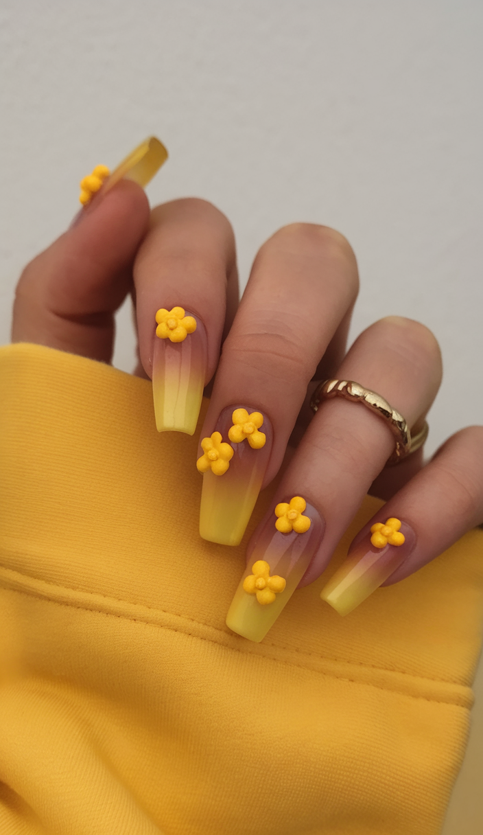 Yellow ombre nails with 3D blooms, vibrant spring art.
